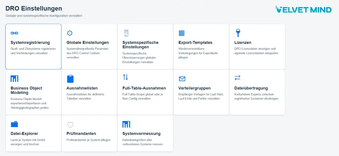 Settings of the Data Refresh Operator, including system registration, business object modelling, exception lists, verification clients and system measurement